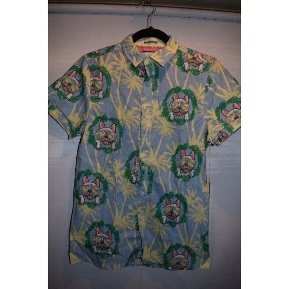 Bulldog with sunglasses & palm trees hawaiian shirt made to live size s slim fit